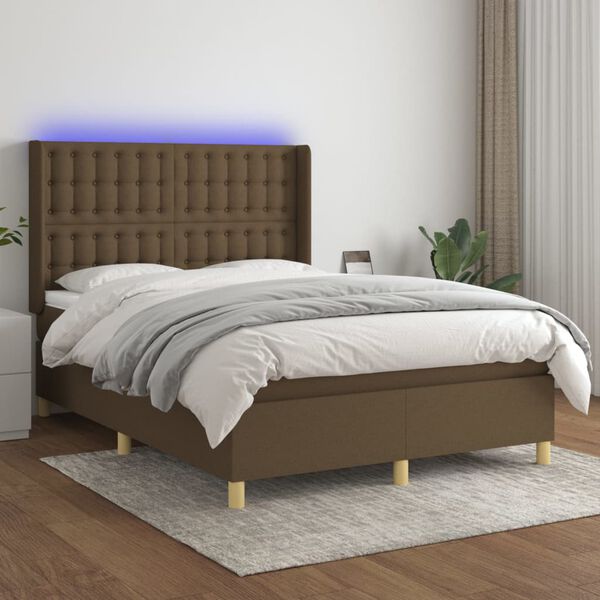 vidaXL Box spring postel s matrac&iacute; a LED tmavě hněd&aacute; 140x190 cm textil