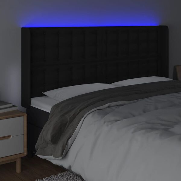 vidaXL Čelo postele s LED čern&eacute; 147 x 16 x 118/128 cm uměl&aacute; kůže