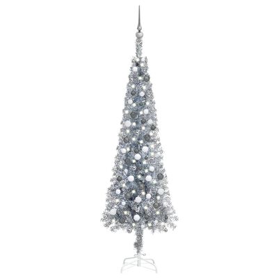 vidaXL Úzký vánoční stromek s LED diodami a sadou koulí stříbrný 210cm