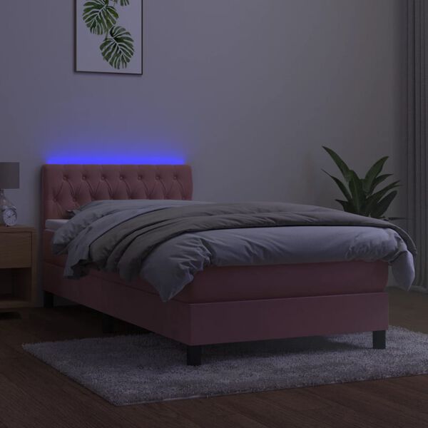 vidaXL Box spring postel s matrac&iacute; a LED růžov&aacute; 90x190 cm samet