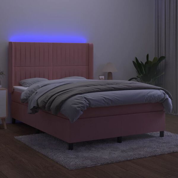 vidaXL Box spring postel s matrac&iacute; a LED růžov&aacute; 140x200 cm samet
