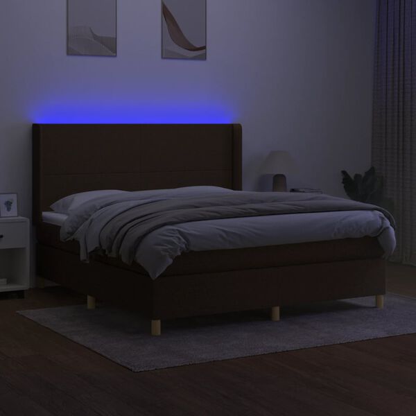 vidaXL Box spring postel s matrac&iacute; a LED tmavě hněd&aacute; 180x200 cm textil