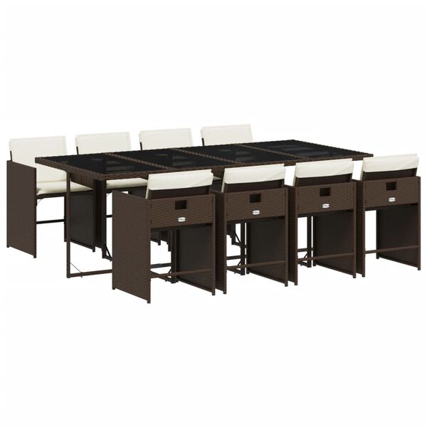 vidaXL 9d&iacute;ln&yacute; zahradn&iacute; j&iacute;deln&iacute; set s podu&scaron;kami hněd&yacute; polyratan