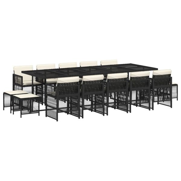 vidaXL 15d&iacute;ln&yacute; zahradn&iacute; j&iacute;deln&iacute; set s podu&scaron;kami čern&yacute; polyratan