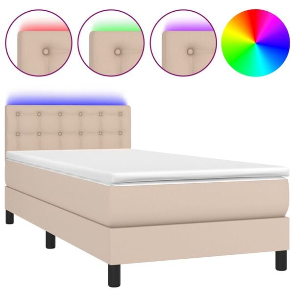 vidaXL Box spring postel matrace a LED cappuccino 90x200 cm uměl&aacute; kůže