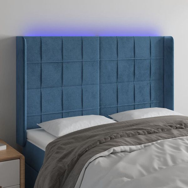 vidaXL Čelo postele s LED tmavě modr&eacute; 147 x 16 x 118/128 cm samet