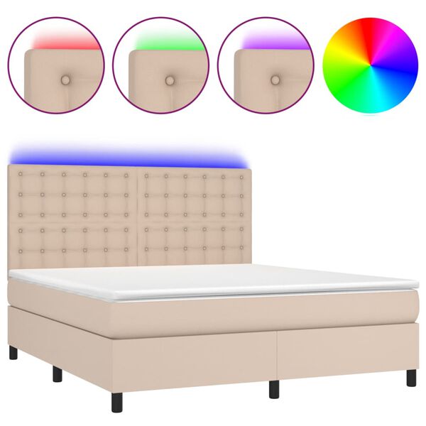 vidaXL Box spring postel matrace a LED cappuccino 160x200cm uměl&aacute; kůže