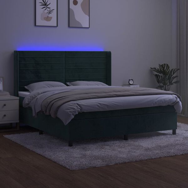 vidaXL Box spring postel s matrací a LED tmavě zelená 180x200 cm samet