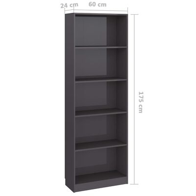 vidaXL Knihovna s 5 policemi šedá vysoký lesk 60x24x175 cm dřevotříska