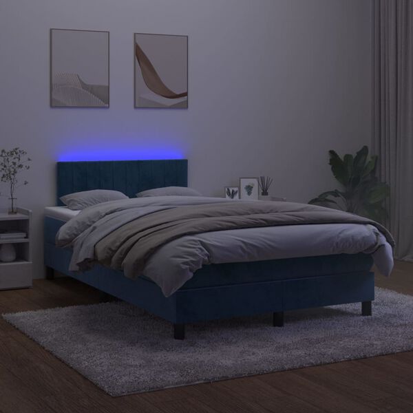 vidaXL Box spring postel s matrac&iacute; a LED tmavě modr&aacute; 120x200 cm samet