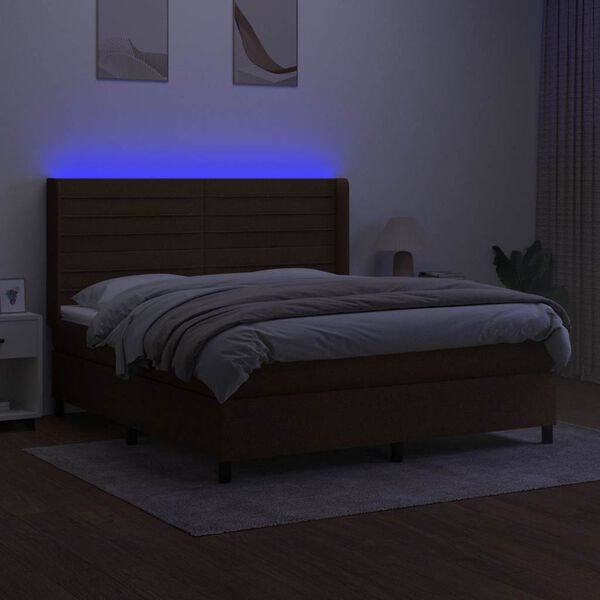 vidaXL Box spring postel s matrac&iacute; a LED tmavě hněd&aacute; 180x200 cm textil