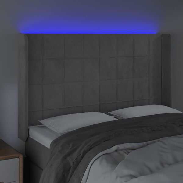 vidaXL Čelo postele s LED světle &scaron;ed&eacute; 147x16x118/128 cm samet