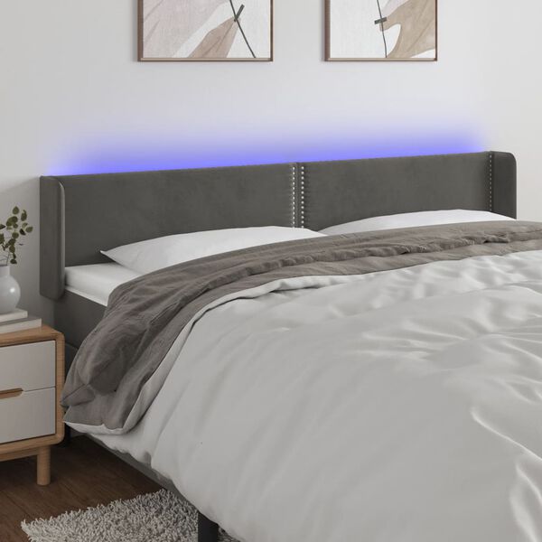 vidaXL Čelo postele s LED tmavě &scaron;ed&eacute; 183 x 16 x 78/88 cm samet