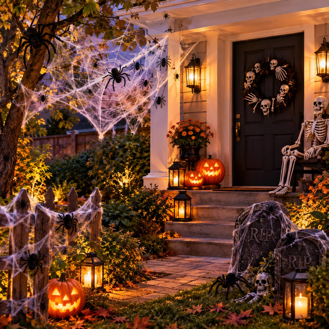 Halloweenská veranda a zahrada s pavučinami, pavouky a kostlivcem