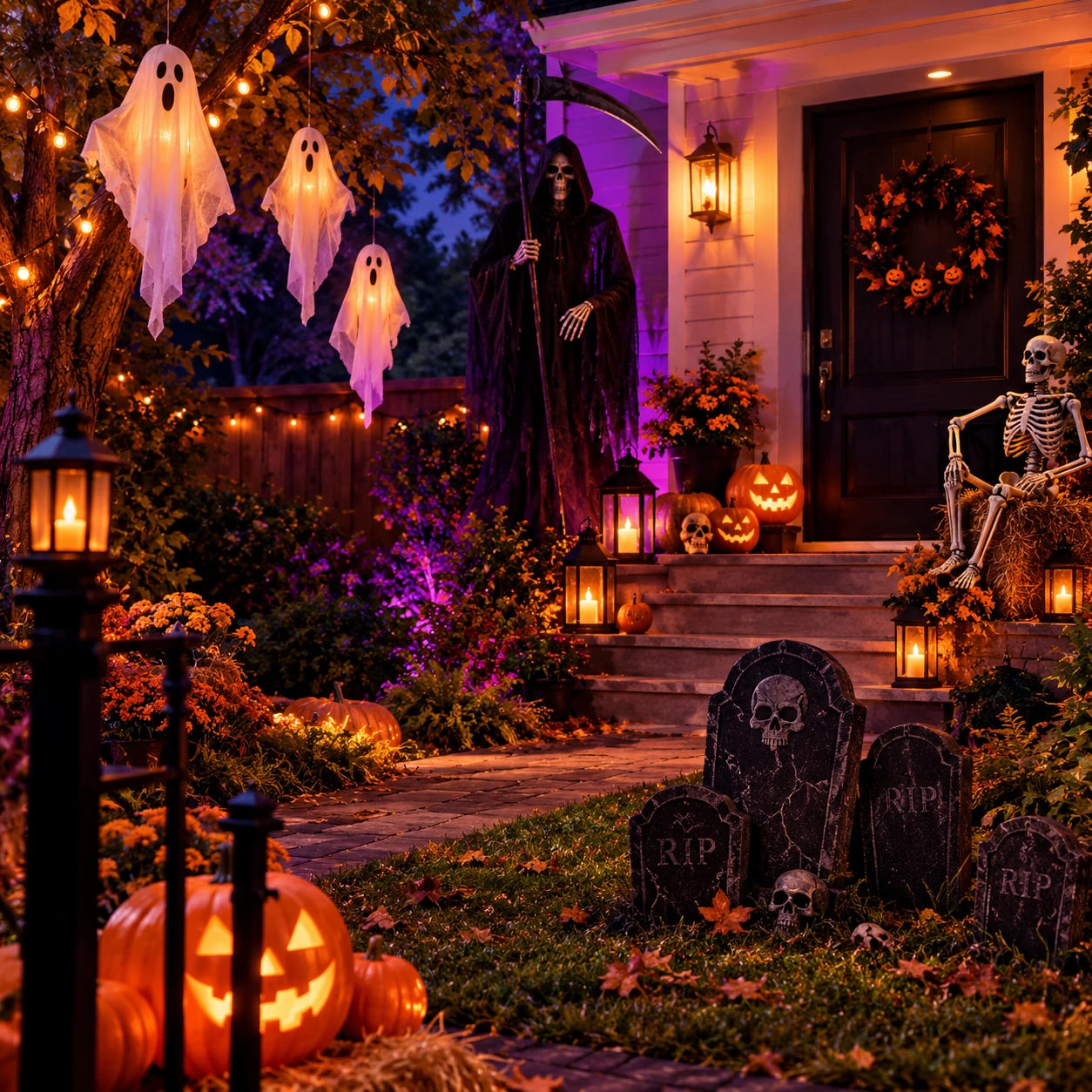 Halloweenská zahrada se zavěšenými duchy a smrtkou