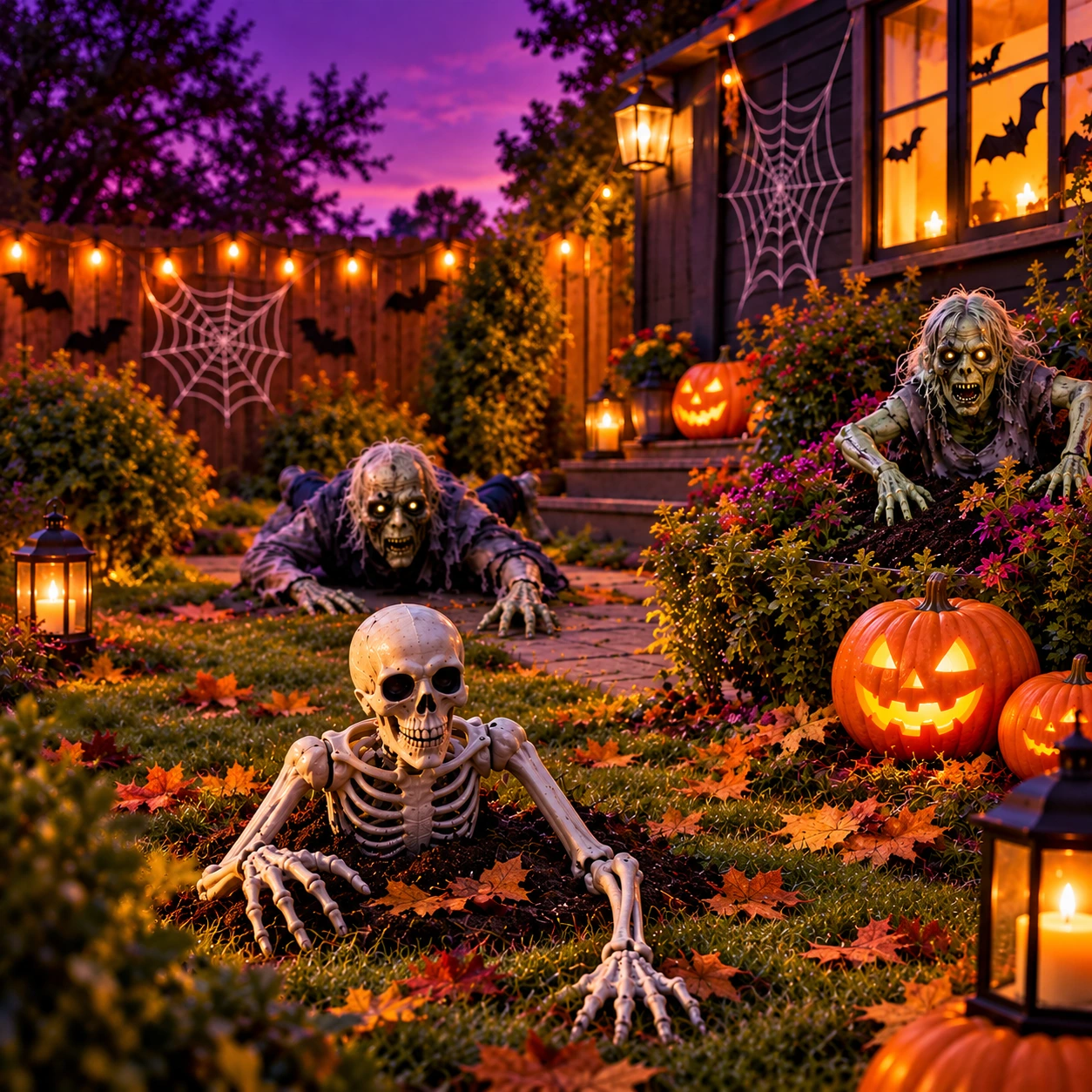 Halloweenská zahrada s kostlivcem, zombiemi a svítícími dýněmi