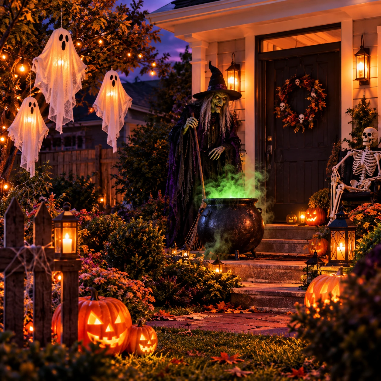 Halloweenská veranda s čarodějnicí, duchy a svítícími dýněmi