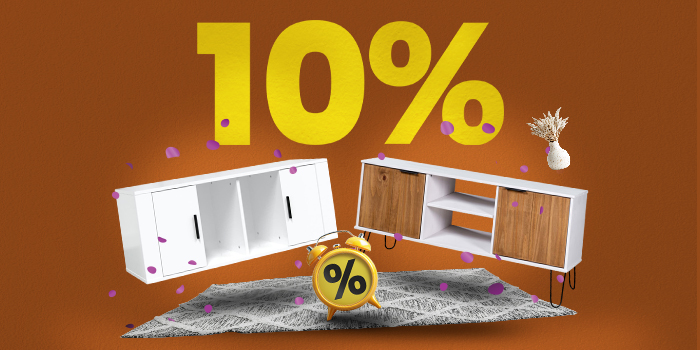 Banner zobrazující dvě TV konzole, koberec a budík s velkým žlutým textem „10 %“.