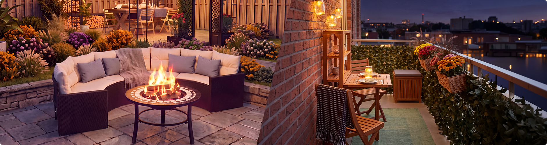 Útulné venkovní prostory za soumraku. Na jedné straně zahradní lounge set s ohništěm a altánkem plným květin, na druhé zařízený balkon s dřevěným nábytkem, lucernami a květinami v květináčích s výhledem na městské panorama.