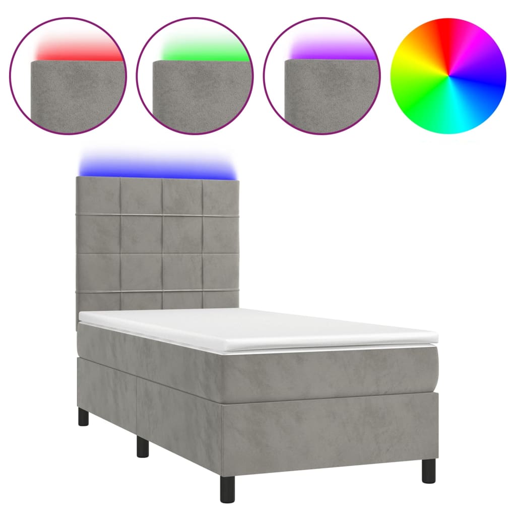vidaXL Box spring postel s matrací a LED světle šedá 80 x 200 cm samet