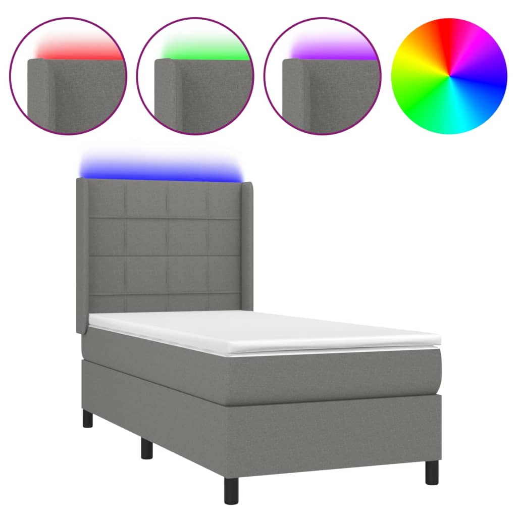 vidaXL Box spring postel s matrací a LED tmavě šedá 90x200 cm textil