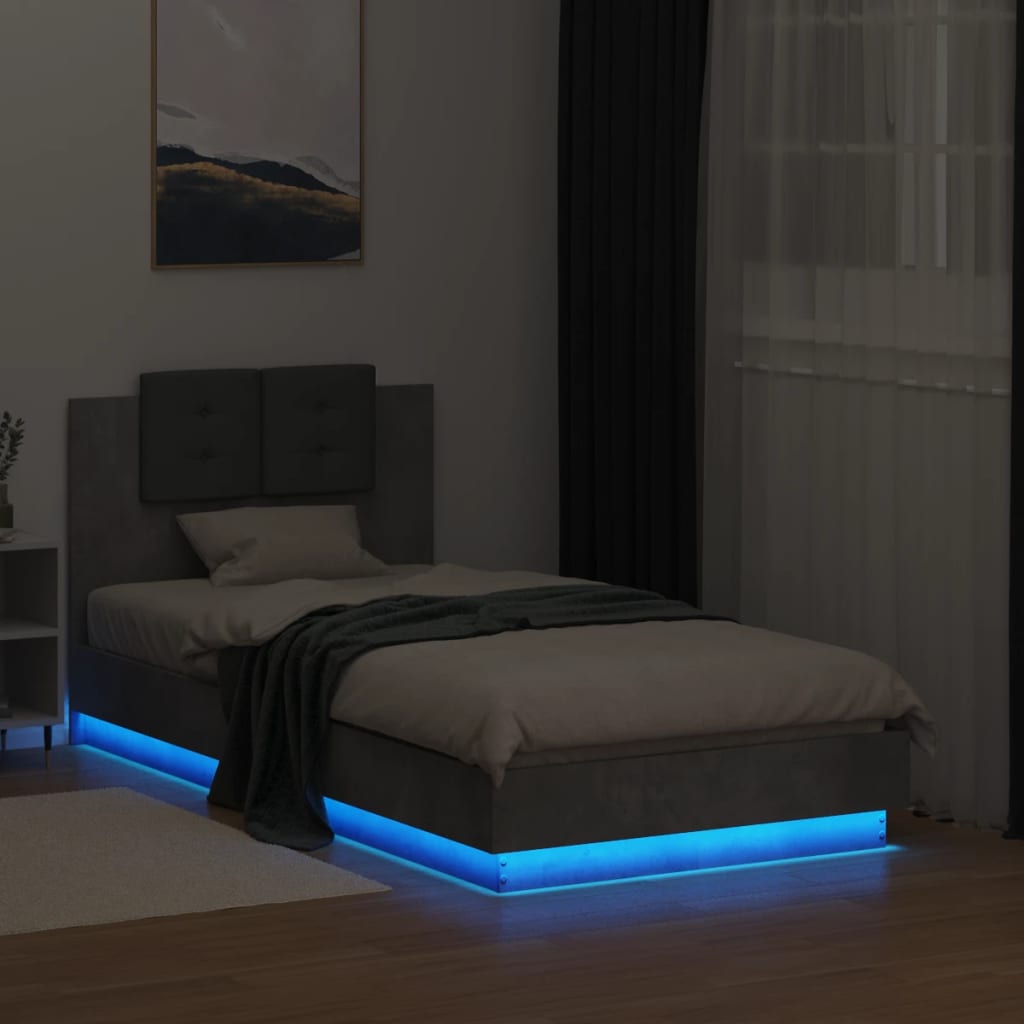 vidaXL Rám postele s čelem a LED osvětlením betonově šedý 90 x 190 cm