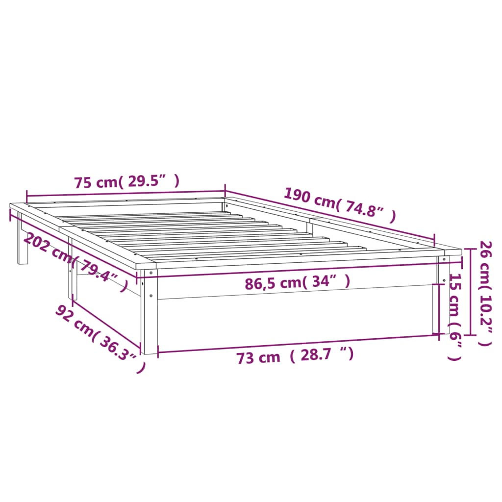 vidaXL Rám postele s LED černý 75 x 190 cm Small Single masivní dřevo