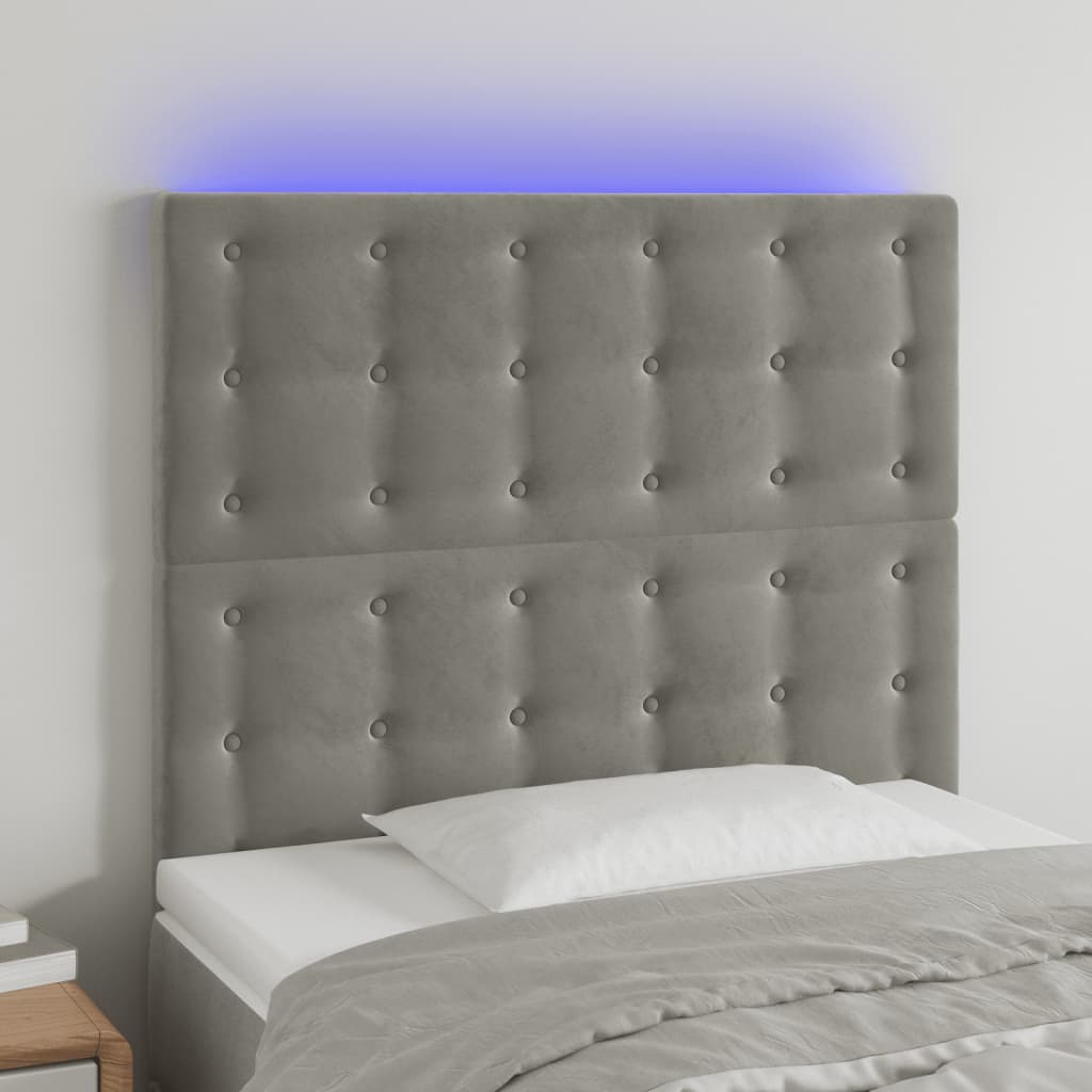 vidaXL Čelo postele s LED světle šedé 90x5x118/128 cm samet
