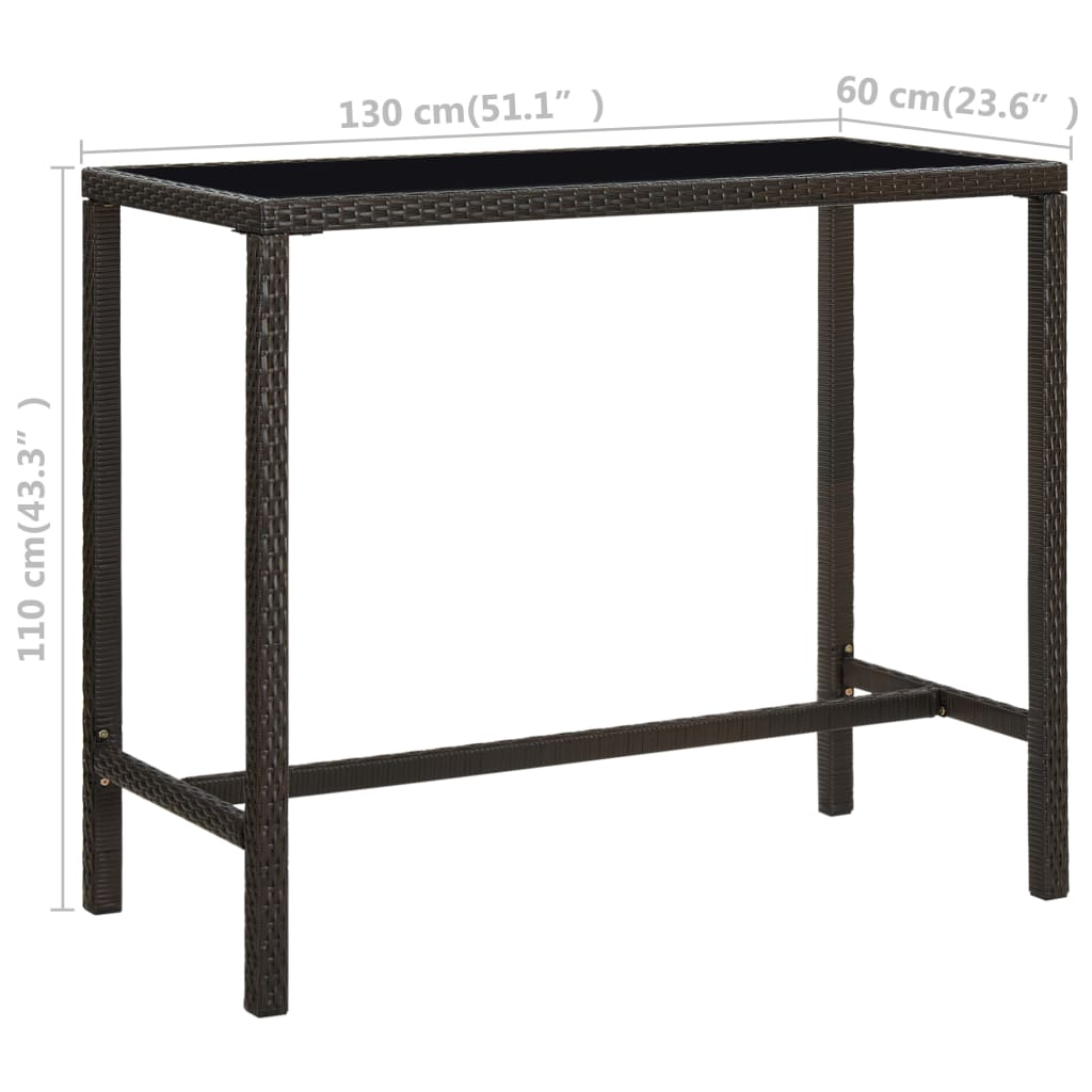 vidaXL Zahradní barový stůl hnědý 130 x 60 x 110 cm polyratan a sklo