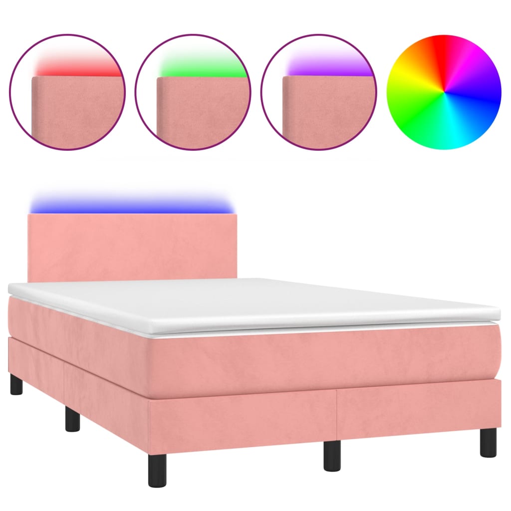 vidaXL Box spring postel s matrací a LED růžová 120x200 cm samet