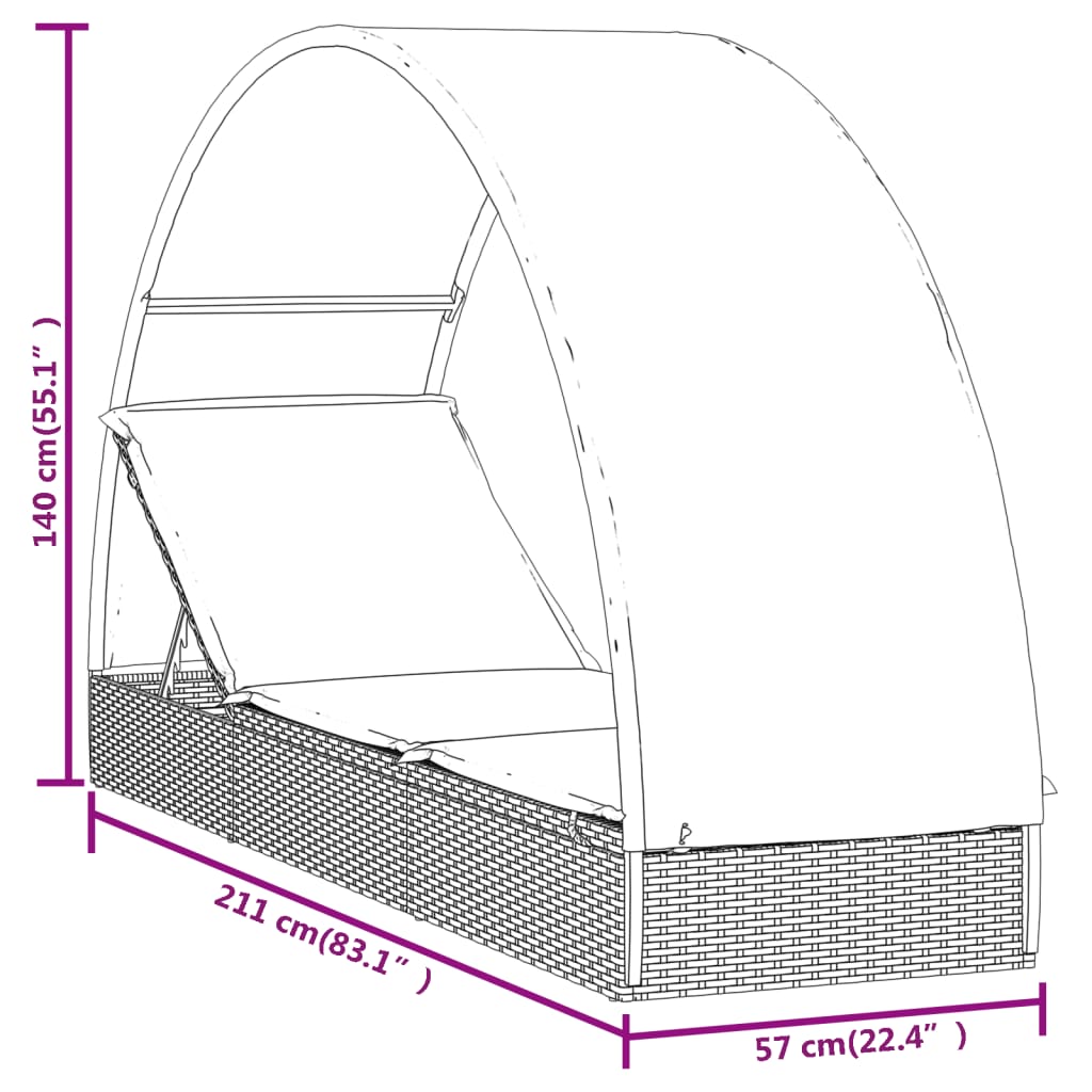 vidaXL Lehátko s kulatou střechou černé 211 x 57 x 140 cm polyratan