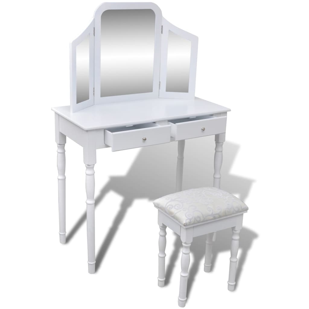 vidaXL Toaletní stolek se zrcadlem 3 v 1, stoličkou a 2 šuplíky bílý