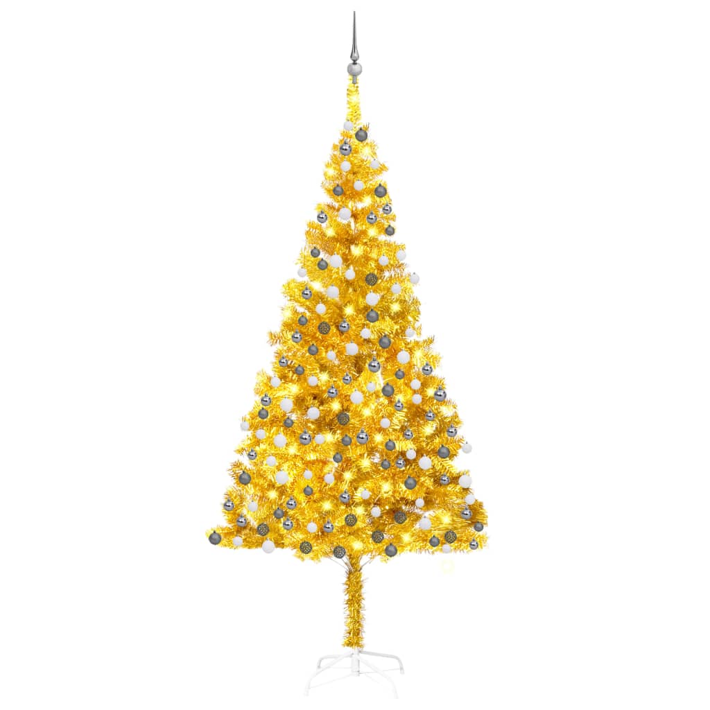 vidaXL Umělý vánoční stromek s LED a sadou koulí zlatý 240 cm PET