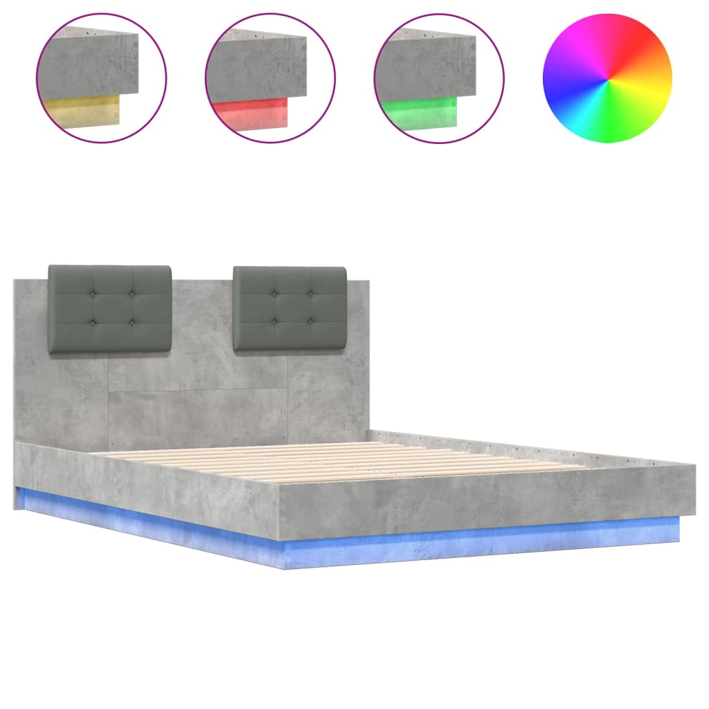 vidaXL Rám postele s čelem a LED osvětlením betonově šedý 120 x 190 cm