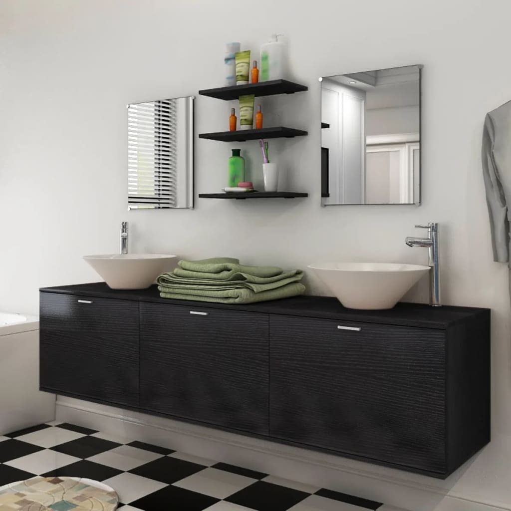 vidaXL 8dílný set koupelnového nábytku s umyvadly černý
