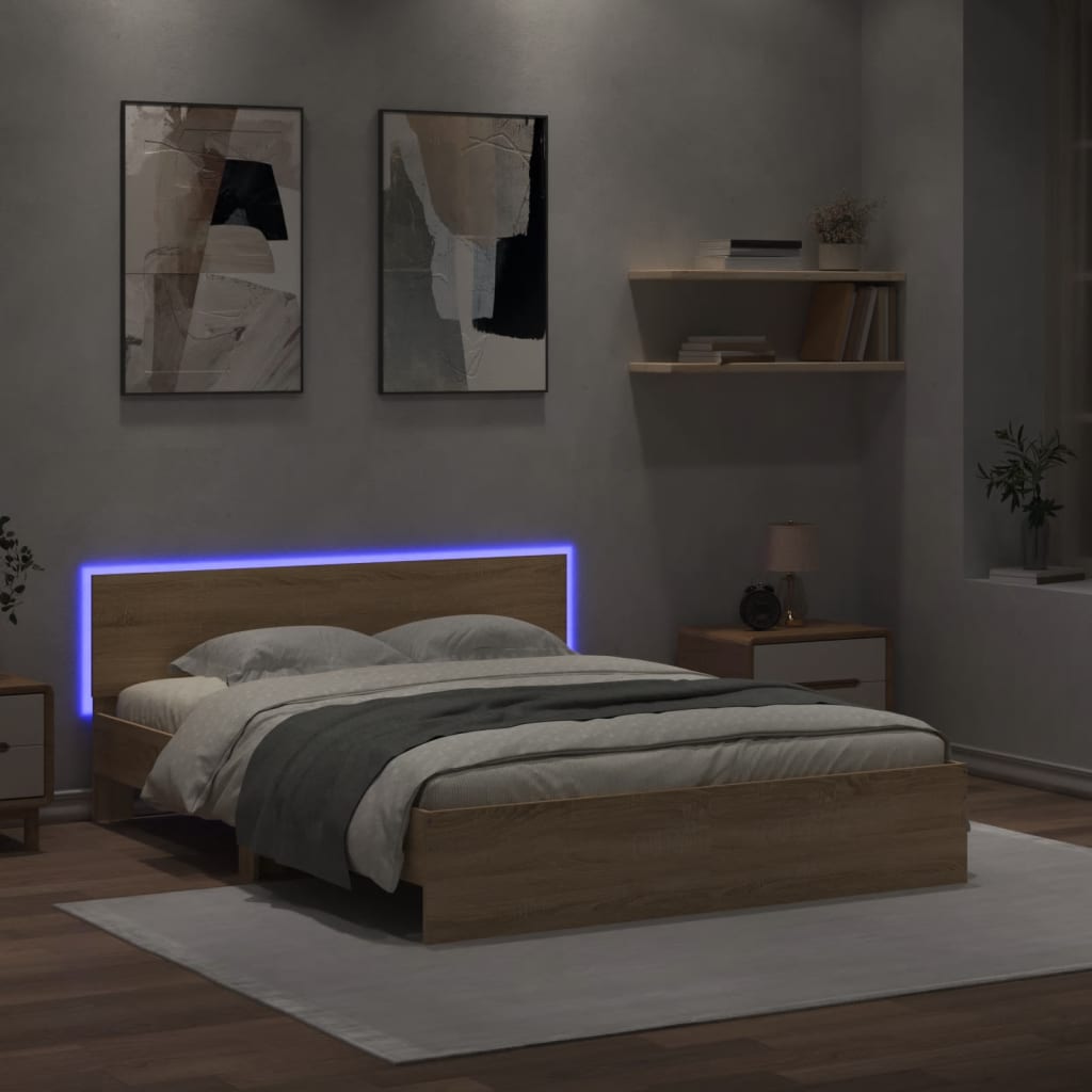vidaXL Rám postele s čelem a LED osvětlením dub sonoma 150 x 200 cm