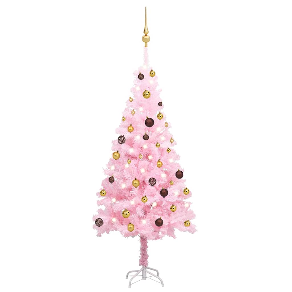 vidaXL Umělý vánoční stromek s LED a sadou koulí růžový 150 cm PVC