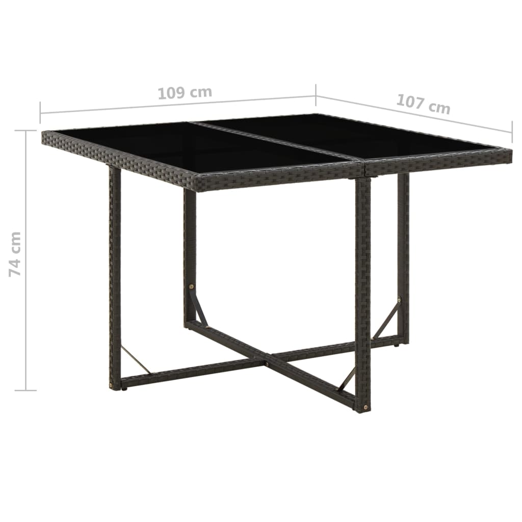 vidaXL Zahradní stůl černý 109 x 107 x 74 cm polyratan a sklo