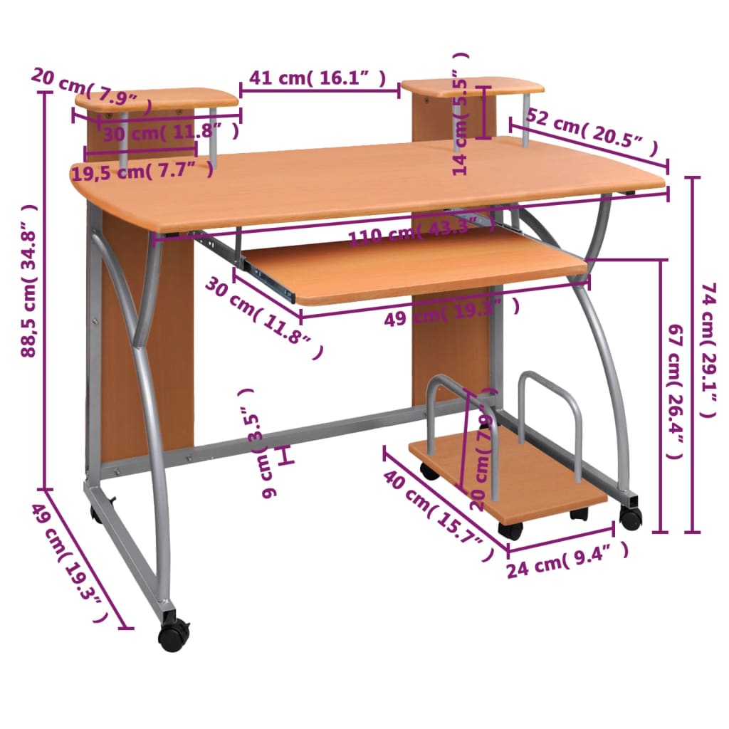 vidaXL Počítačový stůl hnědý dub 110x52x88,5 cm kompozitní dřevo