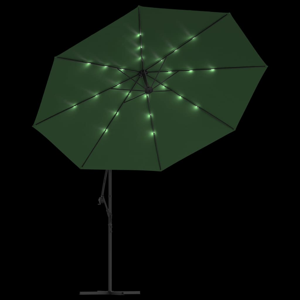 vidaXL Konzolový slunečník s LED světly a kovovou tyčí 350 cm zelený