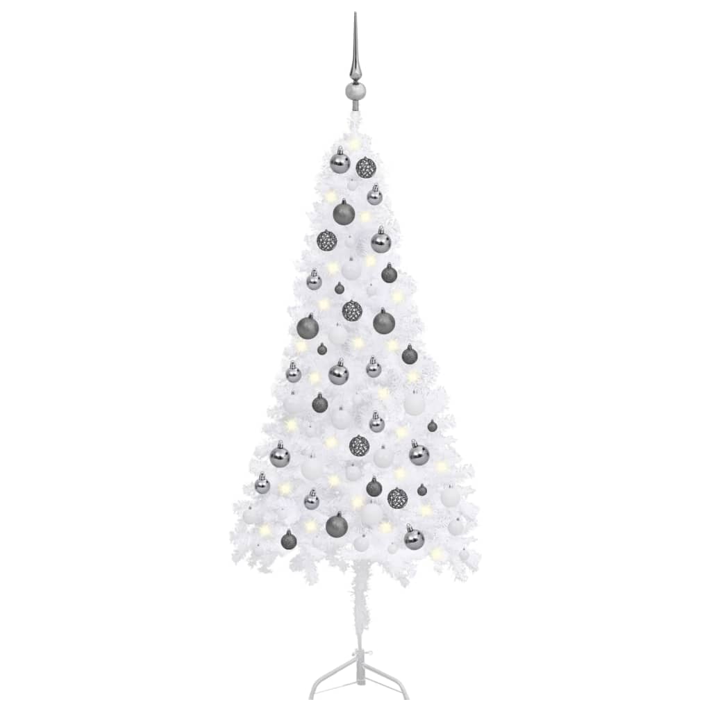 vidaXL Rohový umělý vánoční stromek LED a sada koulí bílý 120 cm PVC