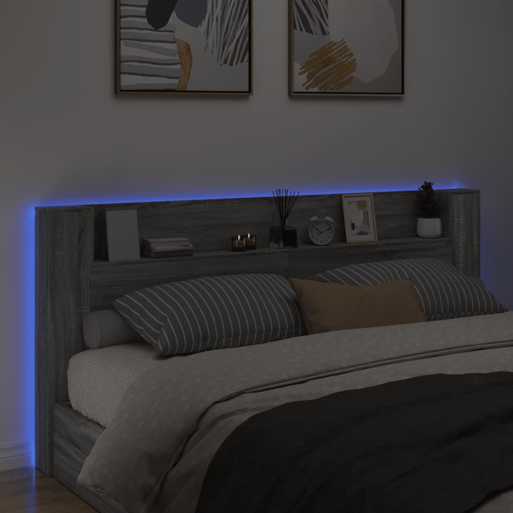 vidaXL Čelo postele úložný prostor a LED šedé sonoma 220x16,5x103,5 cm