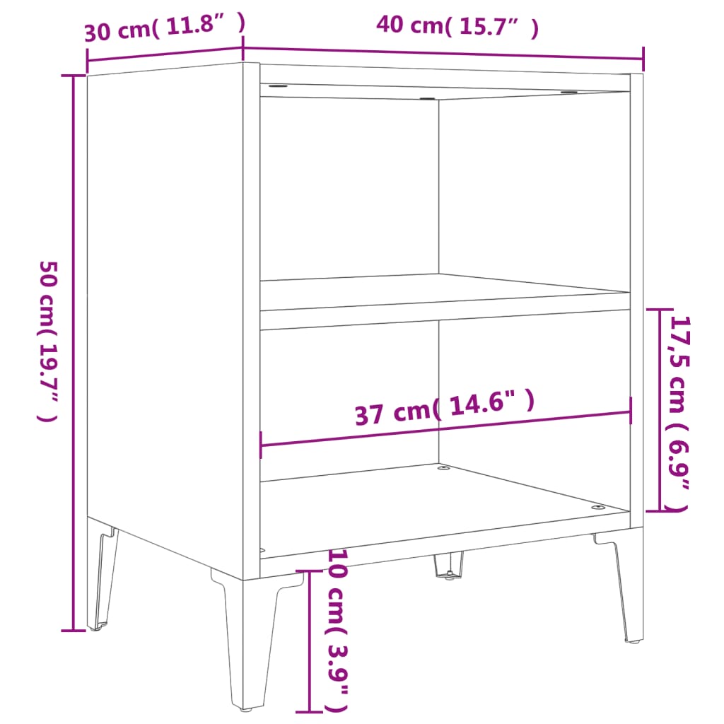vidaXL Noční stolek s kovovými nohami lesklý šedý 40 x 30 x 50 cm