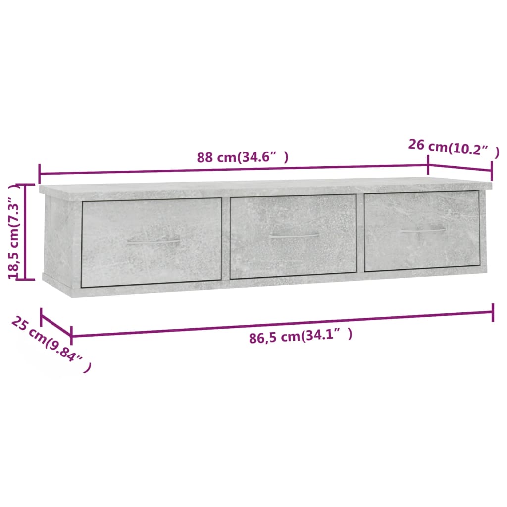 vidaXL Nástěnná police se zásuvkami šedá 88 x 26 x 18,5 cm dřevotříska
