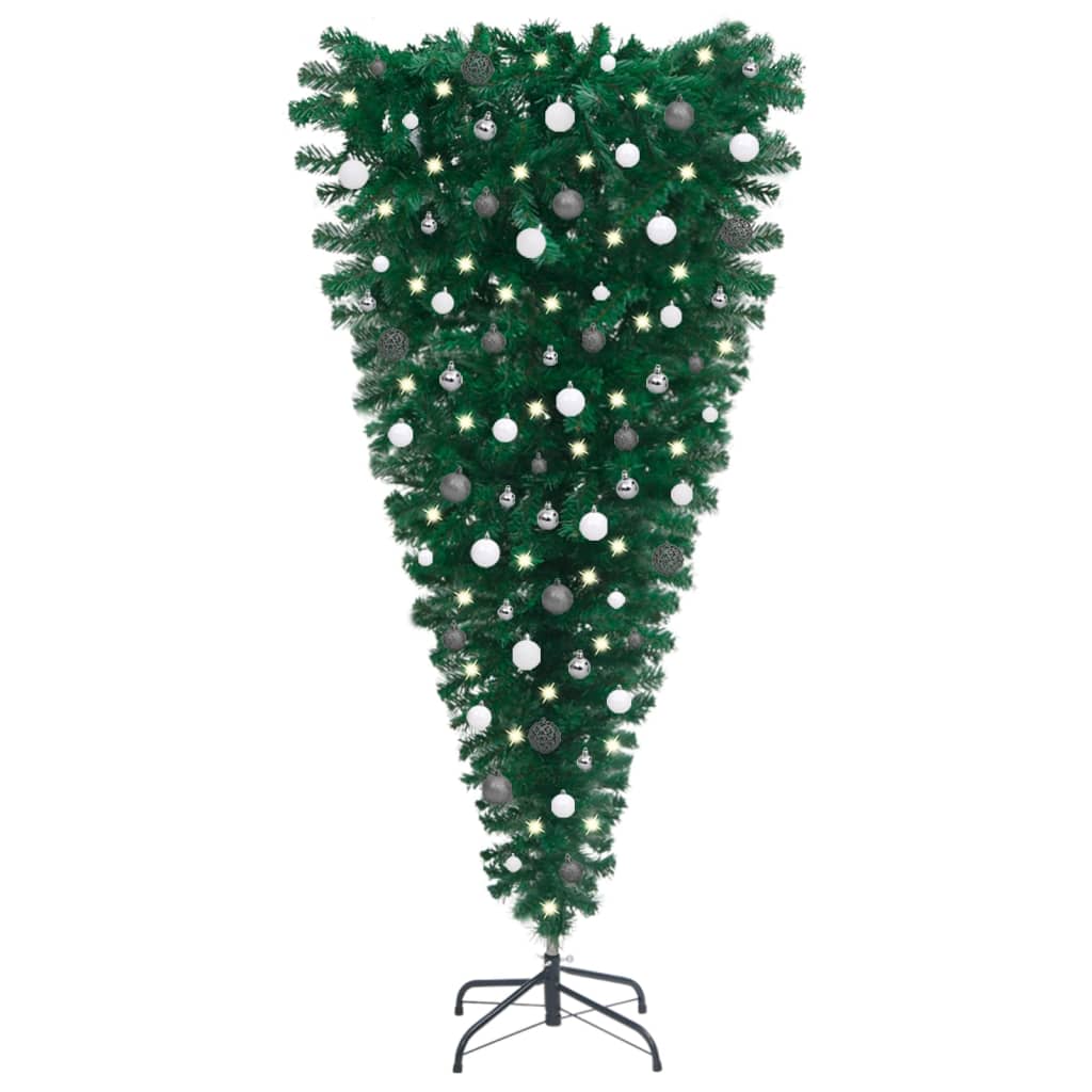 vidaXL Obrácený umělý vánoční stromek s LED a sadou koulí 150 cm