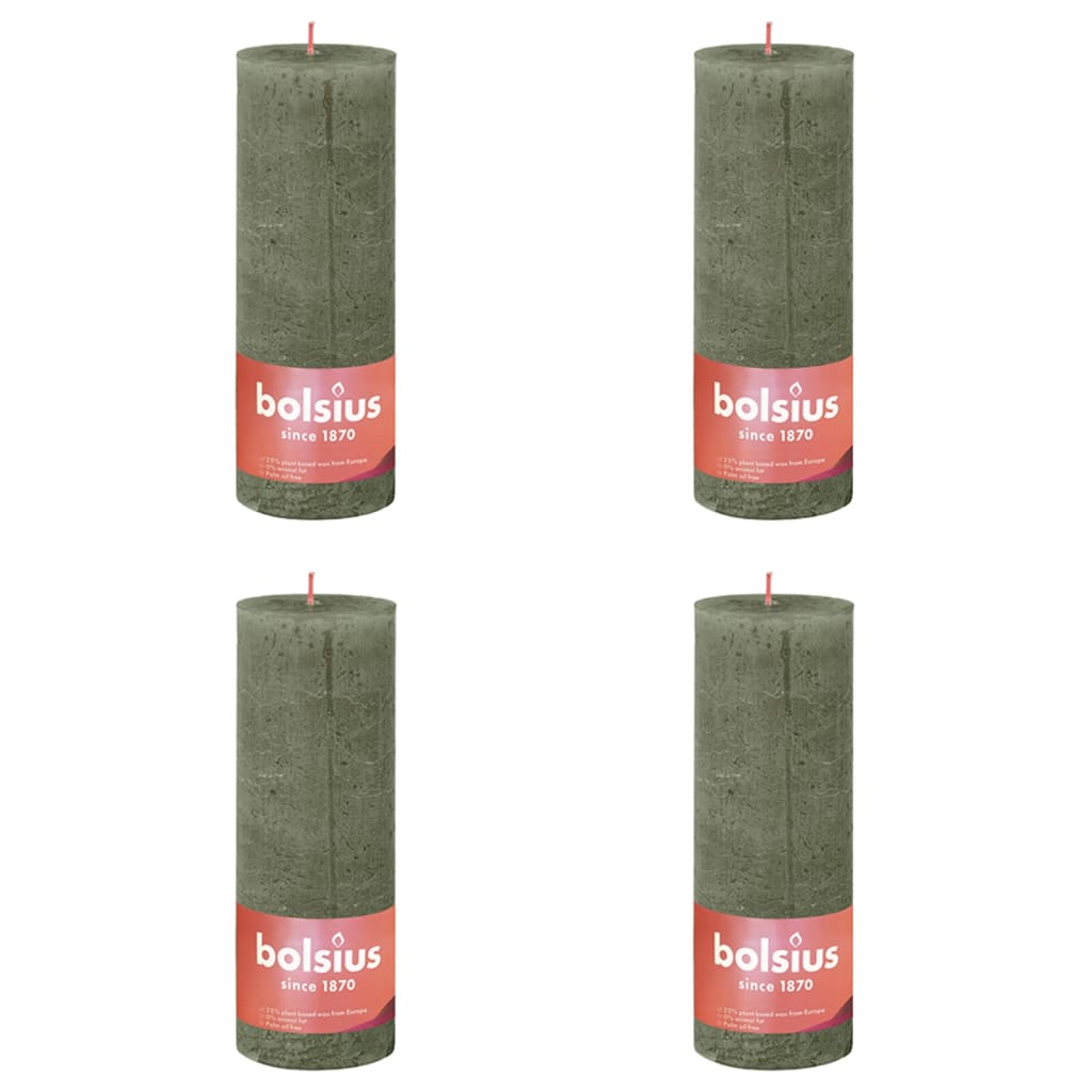 Bolsius Rustikální válcové svíčky Shine 4 ks 190 x 68 mm svěže olivové