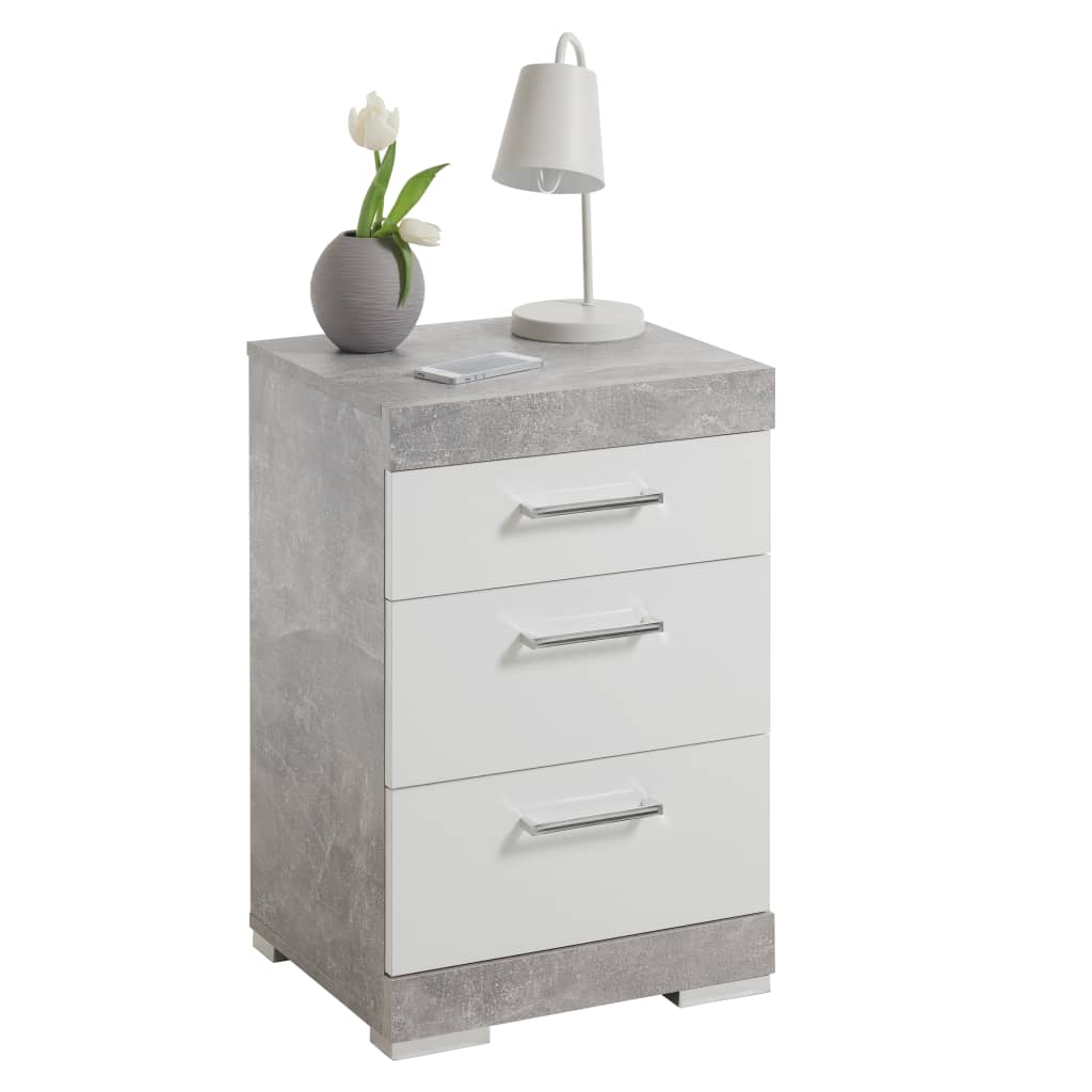 FMD Noční stolek se 3 zásuvkami betonově šedý a leskle bílý