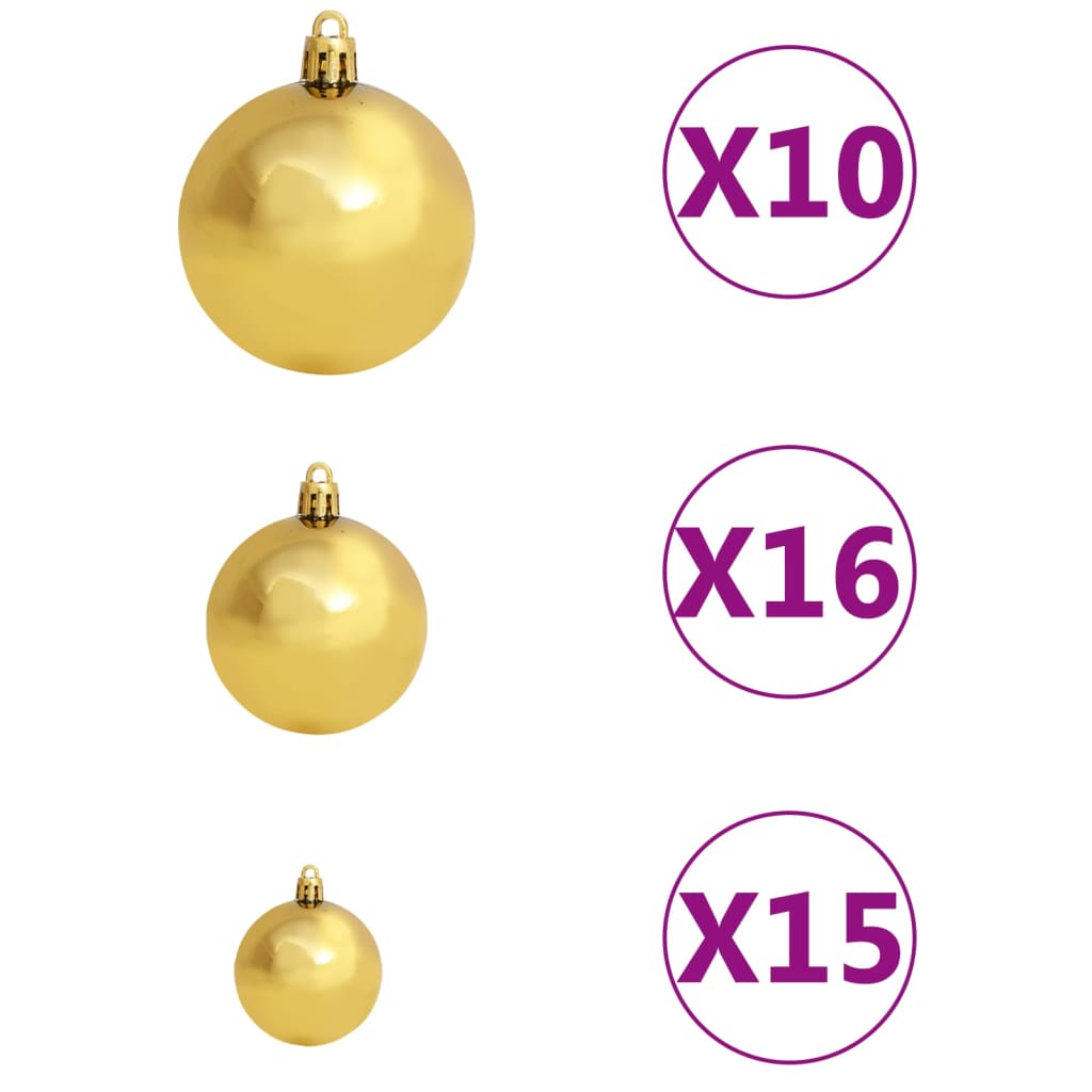 vidaXL Umělý vánoční stromek s LED a sadou koulí zlatý 210 cm PET