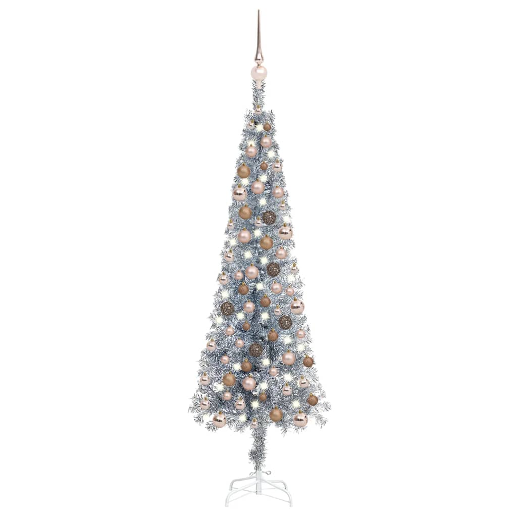 vidaXL Úzký vánoční stromek s LED a sadou koulí stříbrný 120 cm