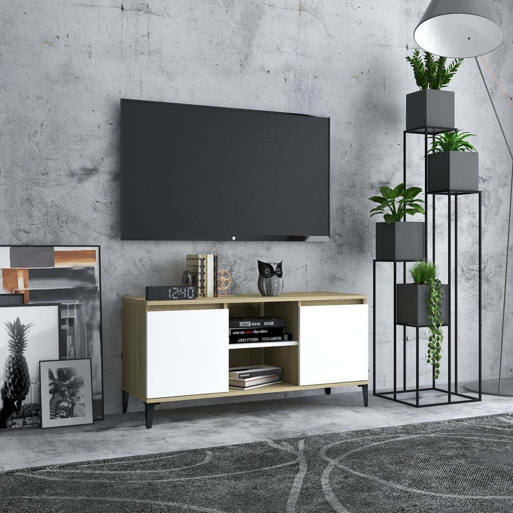 vidaXL TV stolek s kovovými nohami bílý a dub sonoma 103,5x35x50 cm